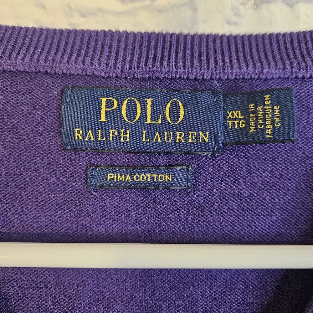 Polo Ralph Lauren Purple Pima Cotton V-Neck Pullover Sweater Men's Size XXL - Picture 4 of 5